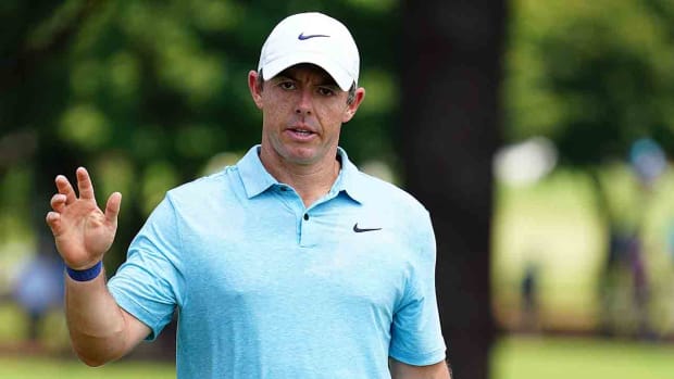 Rory McIlroy waves to the fans during the second round of the 2023 Tour Championship at East Lake Golf Club.